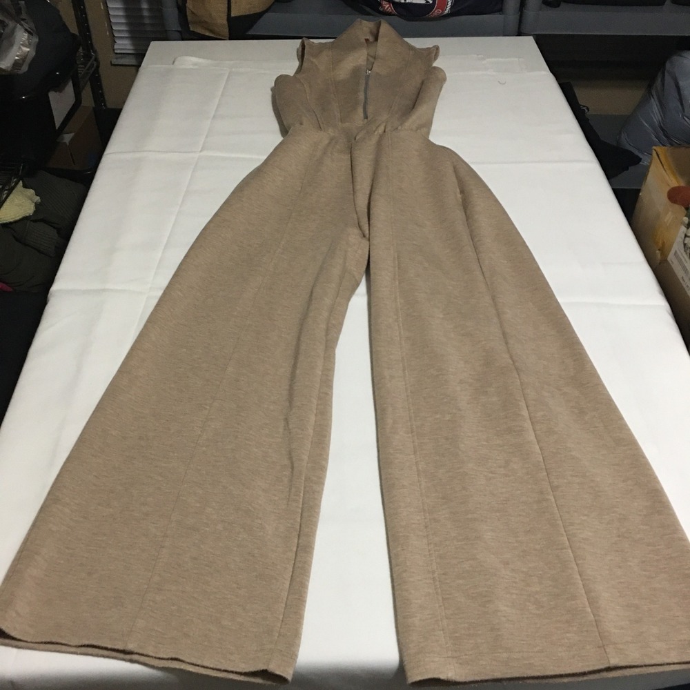 Spanx Sleeveless Jumpsuit Small Petite Tan Wide Leg Quarter Zip